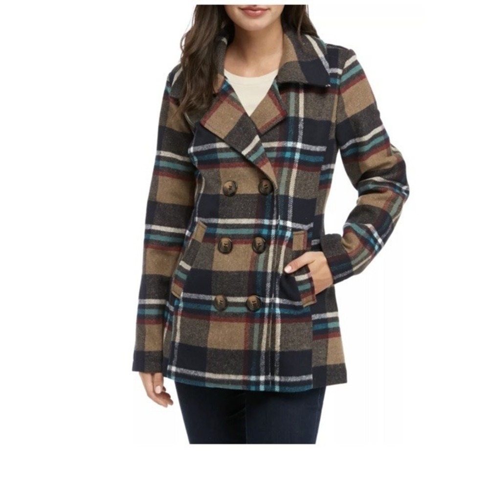 ME JANE Women's Plaid Double Breasted Peacoat Wool Blend Jacket Size S Classic